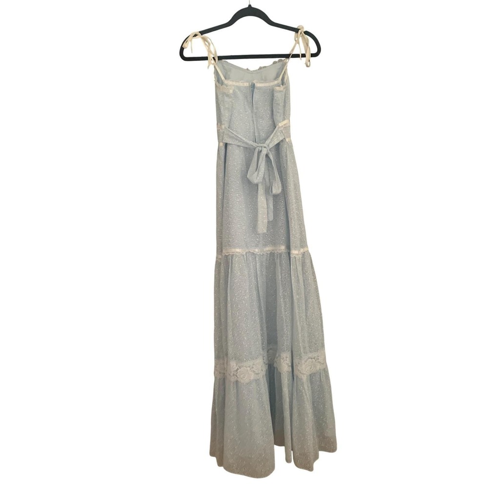 Vintage 1970s Maxi Dress Blue Floral Lace Trim Prairie Cottagecore XS S
